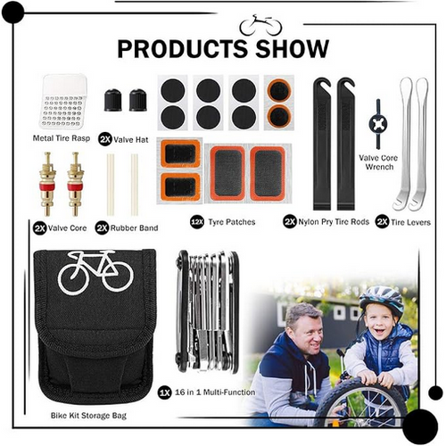 Kit Riparazione Bici 16 in 1 con Borsa Sottosella Impermeabile - Ripara Foratura in 3 Minuti